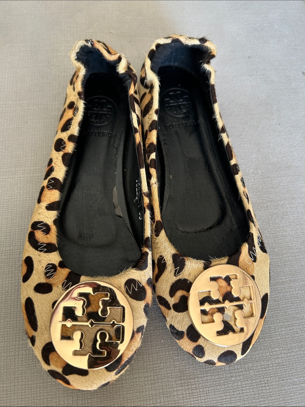 Tory Burch Leopard Haircalf Logo Ballet Flats in Tan and Black